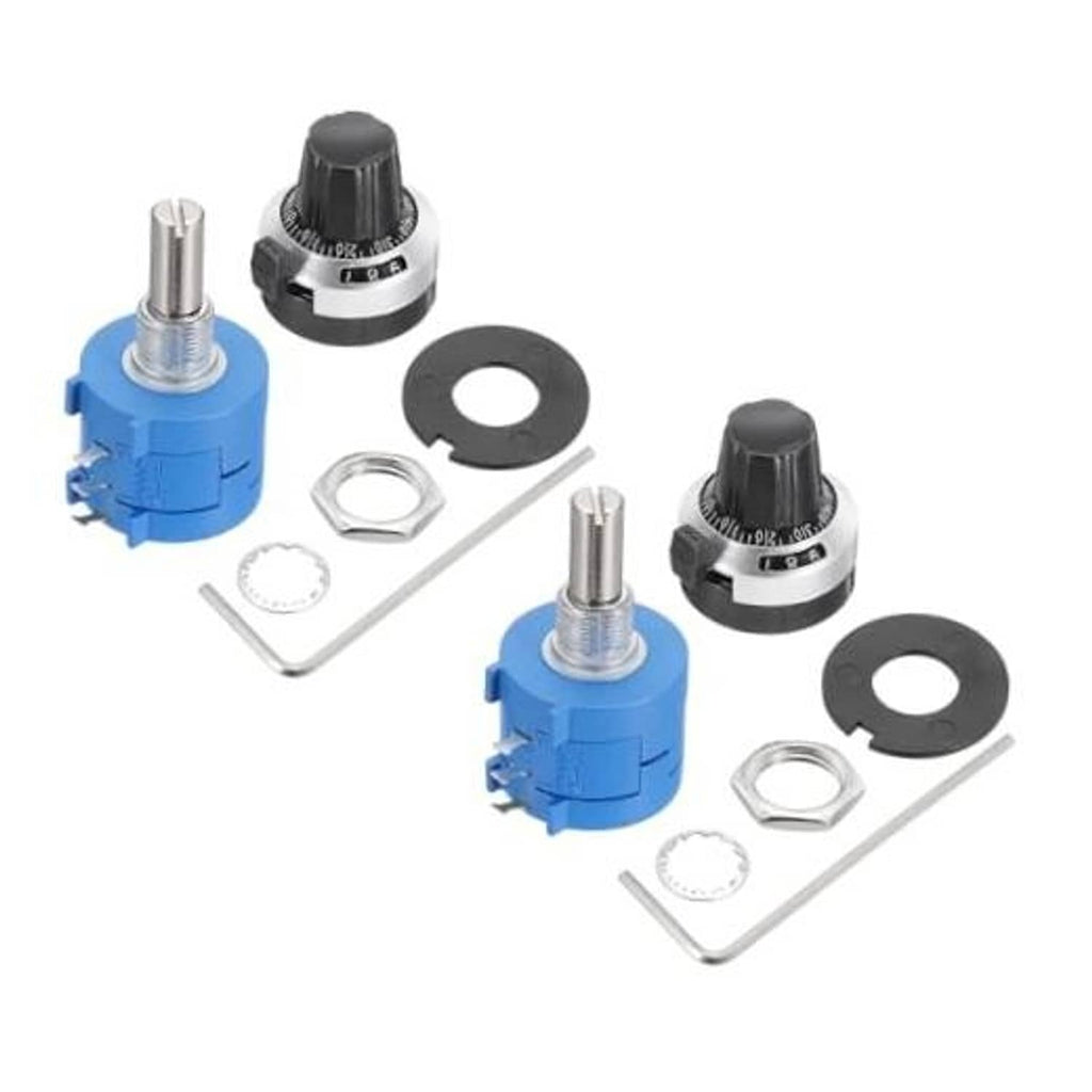 Set of two blue rotary multi-turn potentiometers with black adjustment knobs and mounting parts