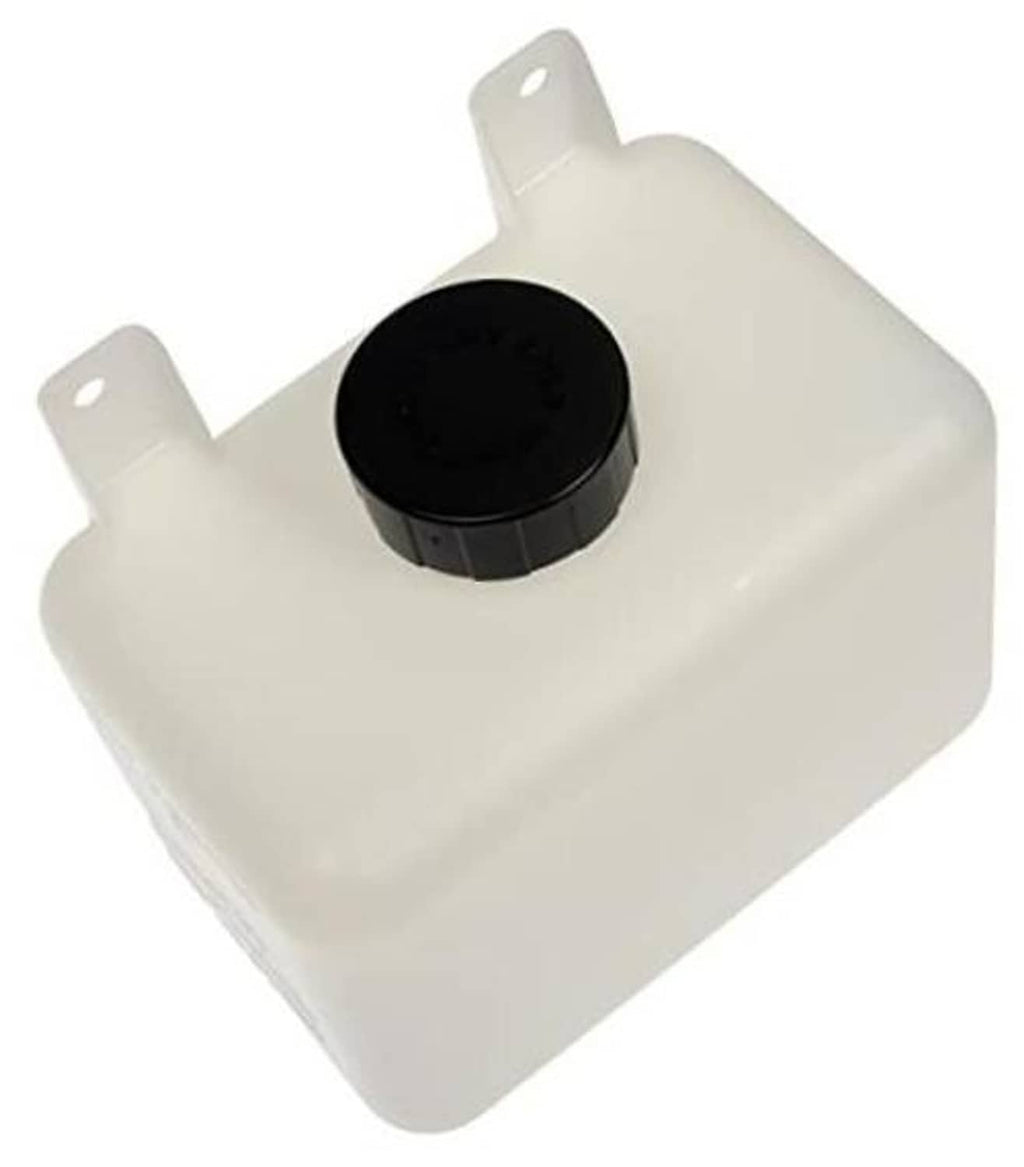 White plastic fluid reservoir with black round cap and mounting tabs