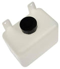 White plastic fluid reservoir with black round cap and mounting tabs