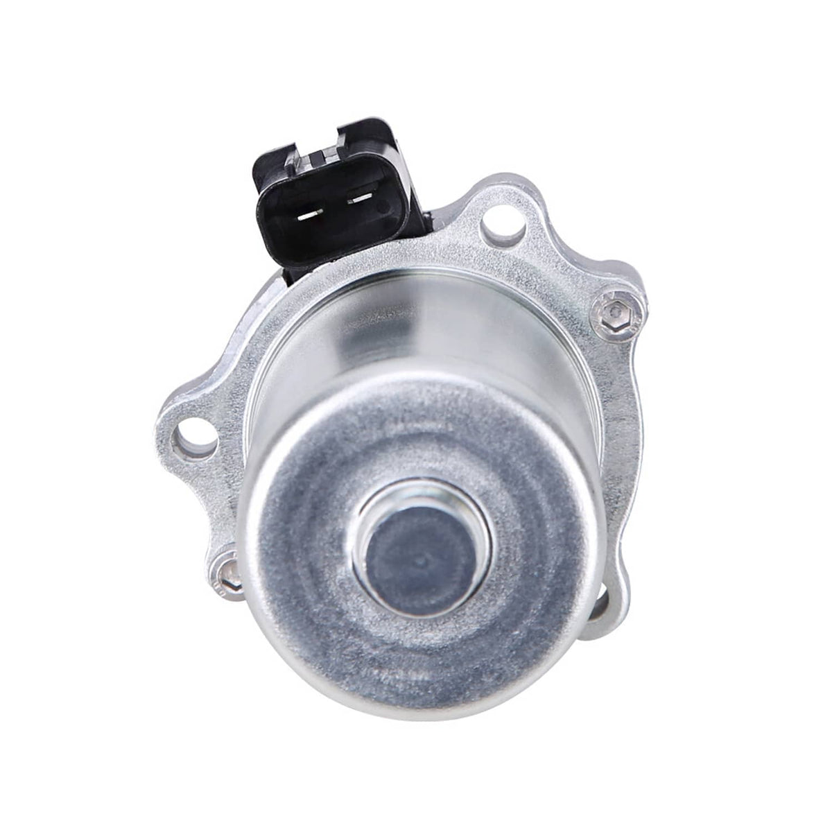 Shift motor assembly top view with round silver cover and black wiring connector