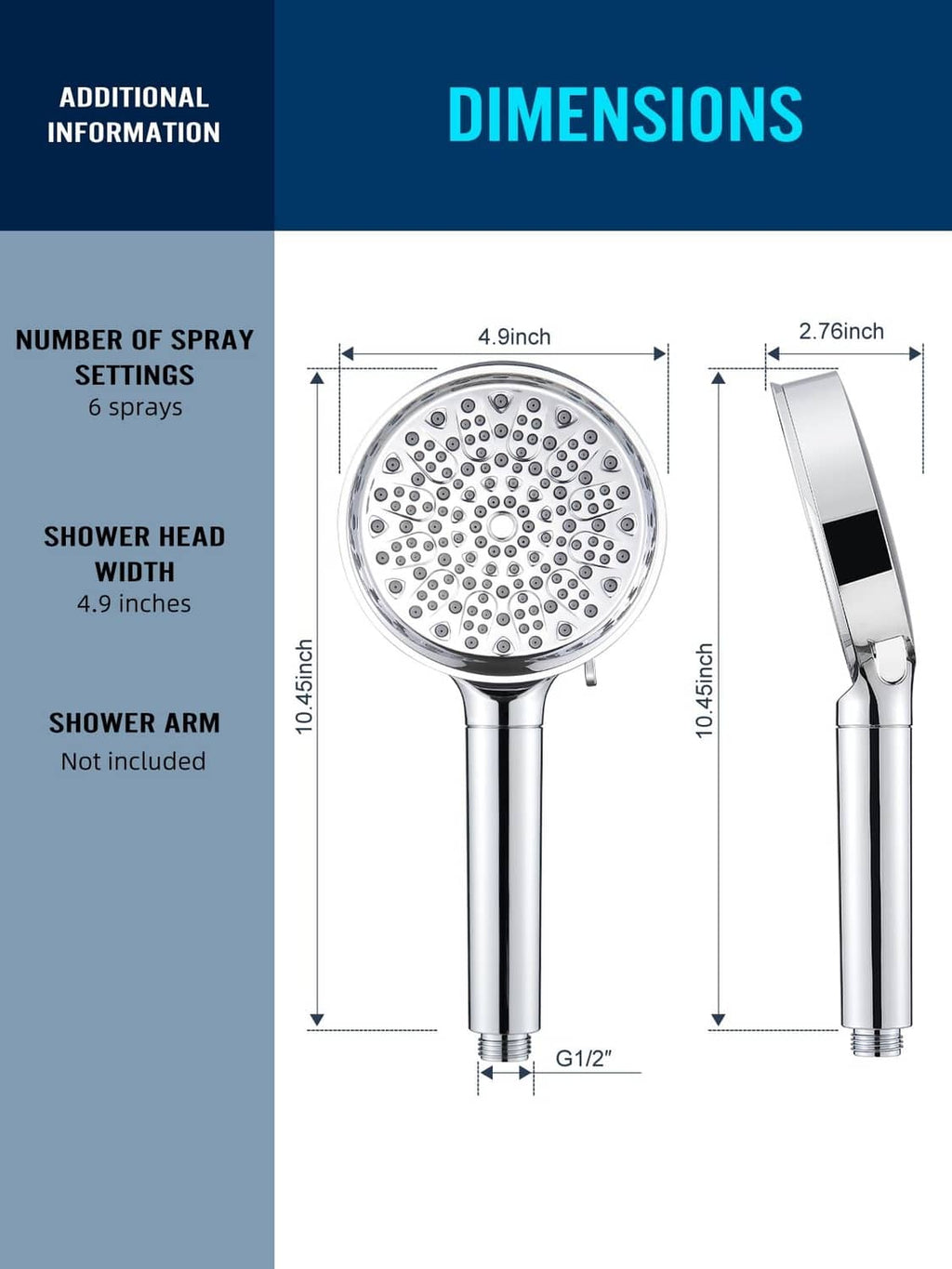 Filtered showerhead with round spray face and side profile sizing diagram
