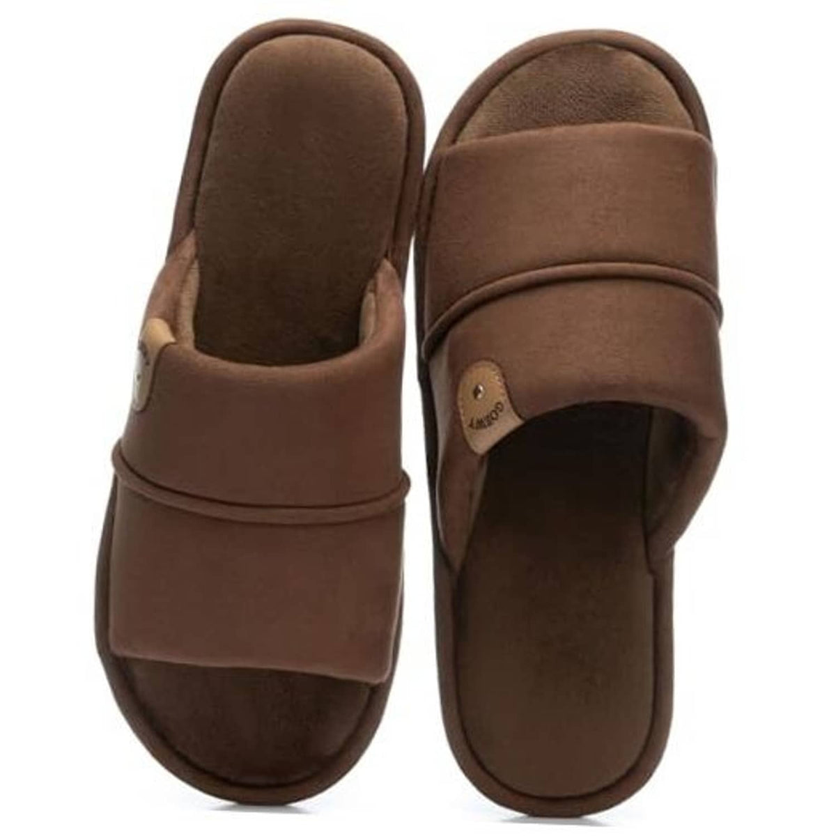 Coffee-brown men's open-toe slippers with padded collar and slip-on strap