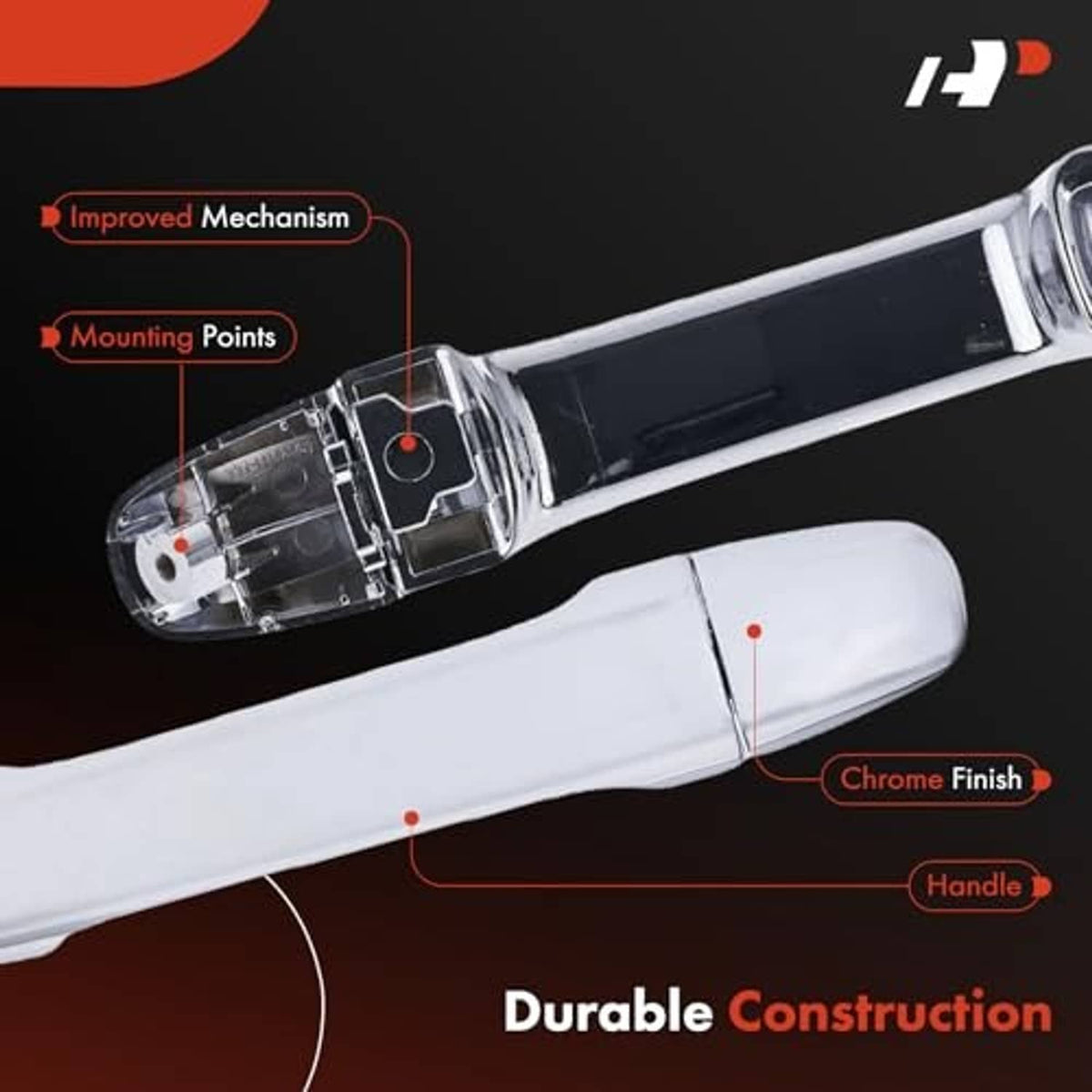 Chrome exterior door handle assembly with internal mechanism and mounting points.