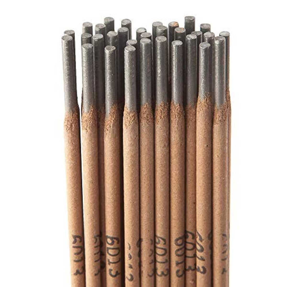 Bundle of E6013 welding electrode rods with gray tips and brown coating