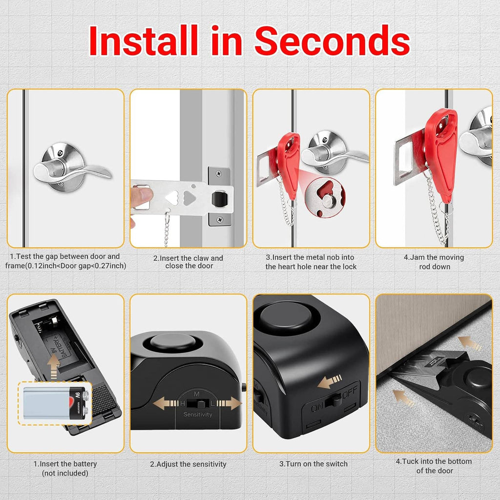 Portable door lock and stop alarm set: red latch, silver plate, chain, and black unit