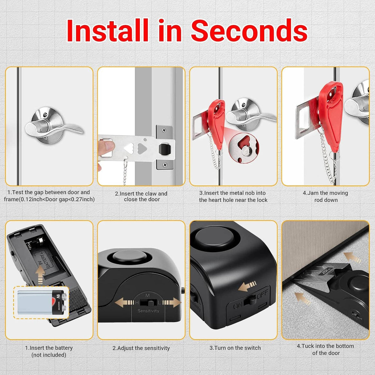Portable door lock and stop alarm set: red latch, silver plate, chain, and black unit
