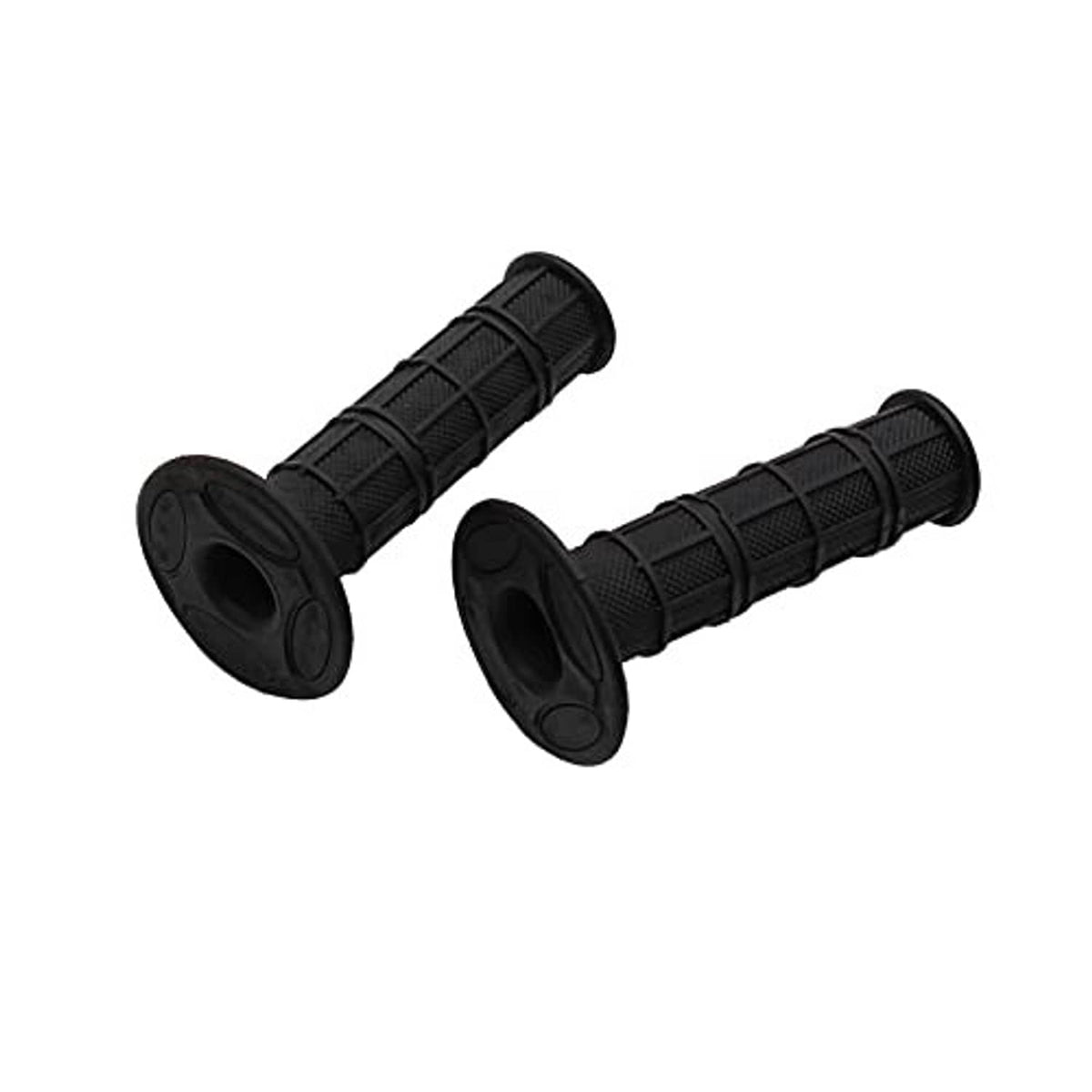 Pair of black rubber motorcycle handlebar grips with ribbed, crosshatch texture