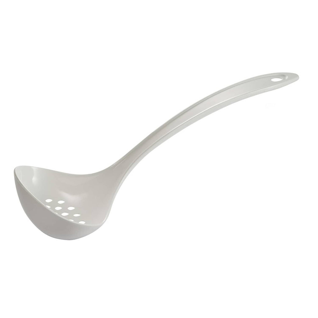 White plastic skimmer spoon with perforated bowl and oval hole on handle