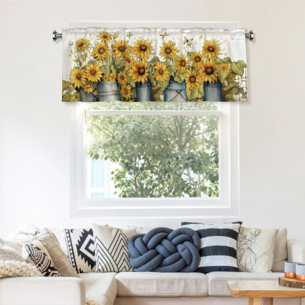 Sunflower window valance with yellow flower heads and blue bucket jars on the top panel