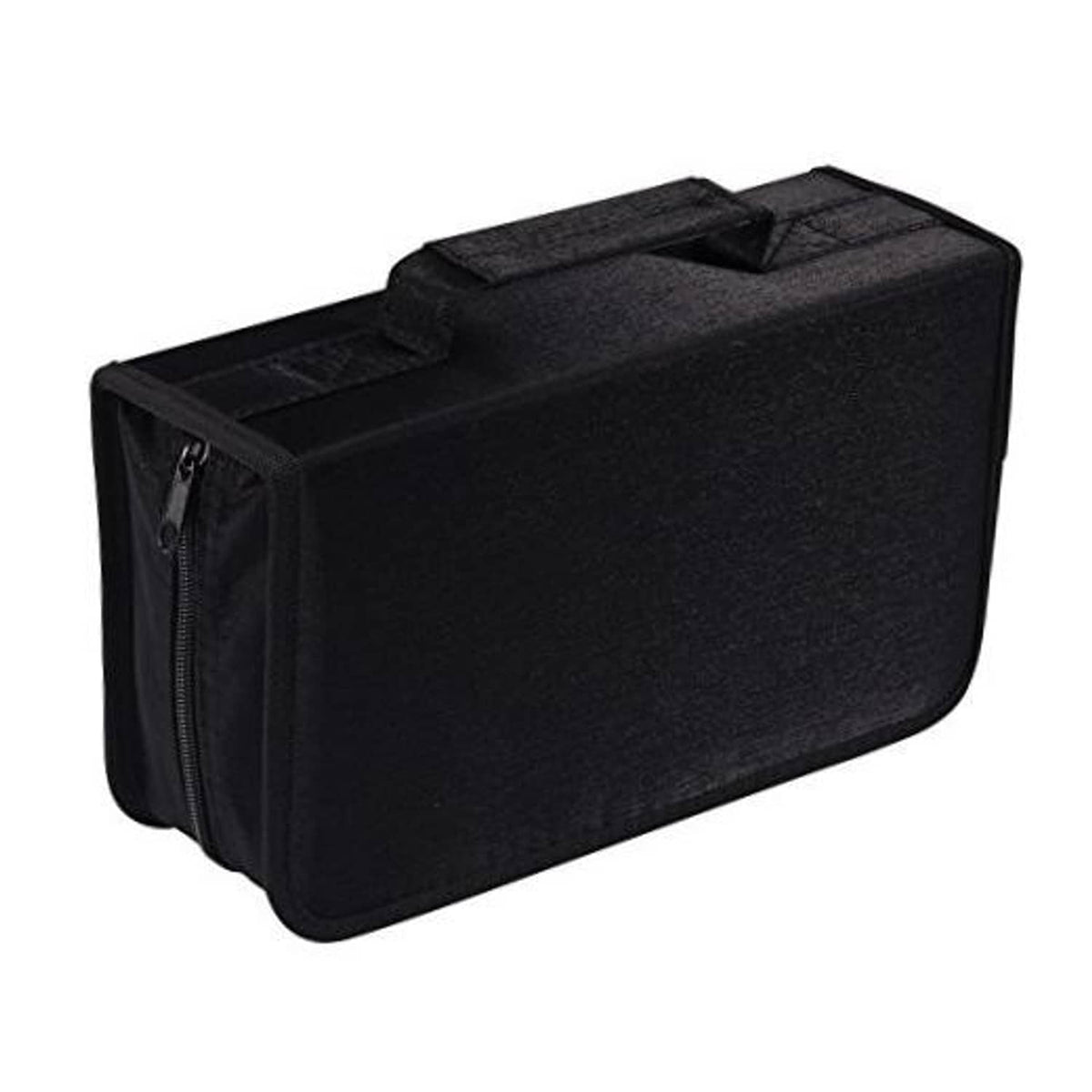 Black CD/DVD storage wallet with top carry handle and front zipper pocket.