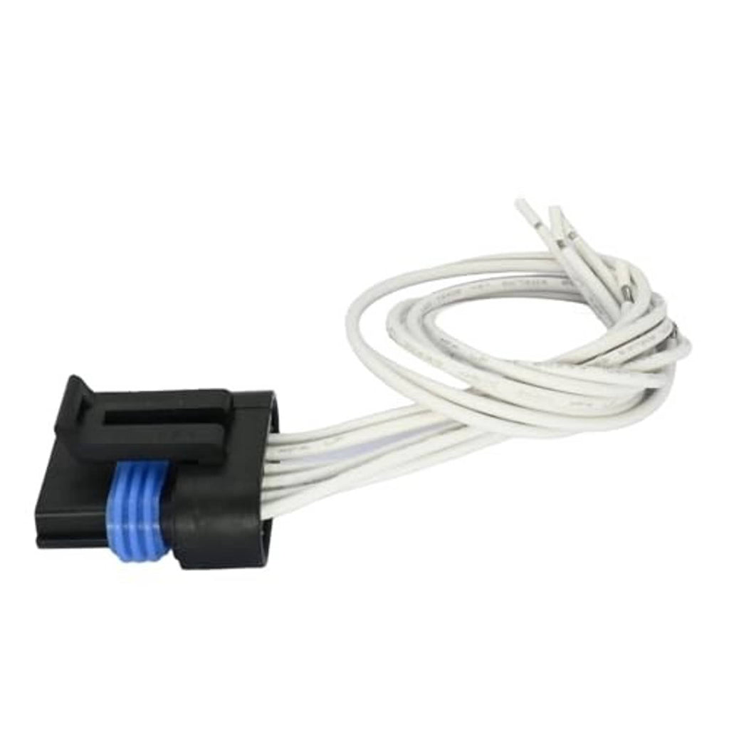 Wiring harness pigtail plug with black housing, blue side insert, and white wire bundle