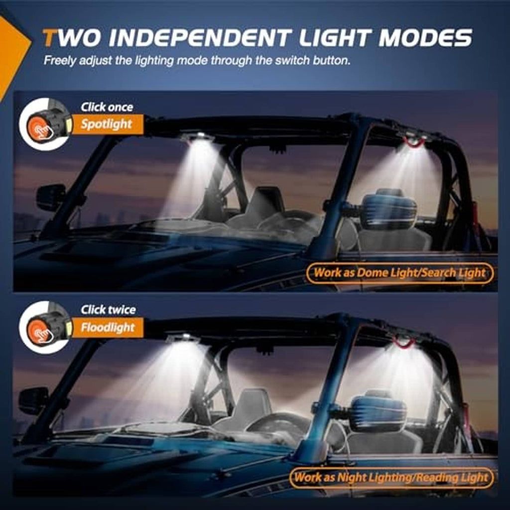 UTV dome lights in two modes, with yellow LED panels on black grab-handle mounts