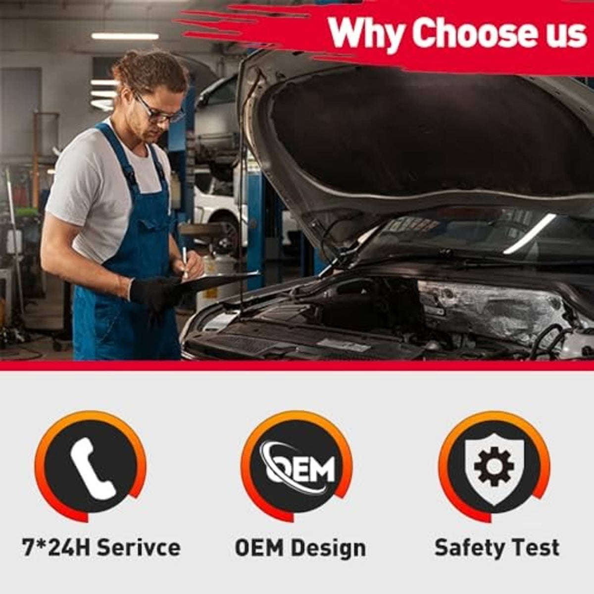 Mechanic working under a car hood in a service shop with diagnostic equipment