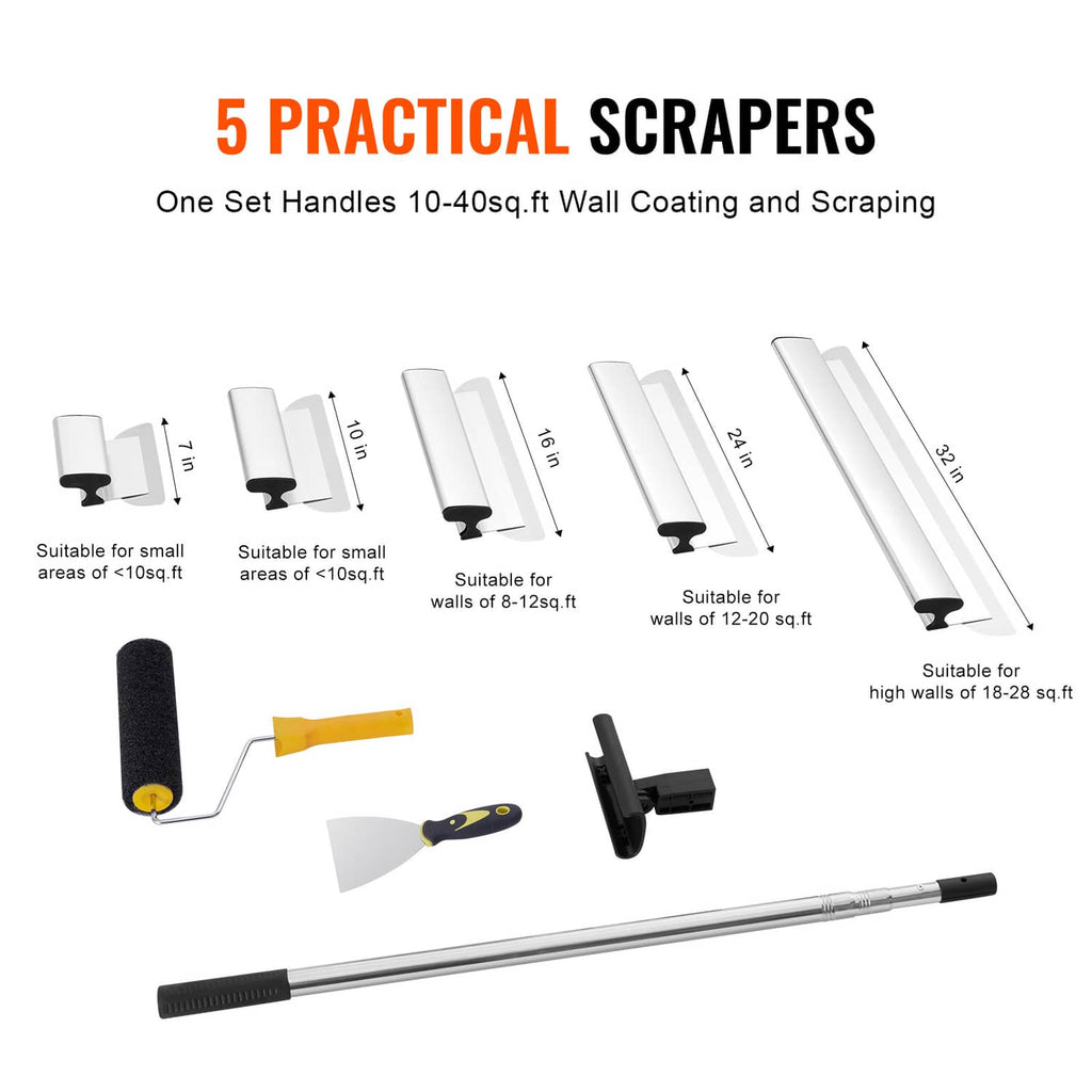 Drywall scraper set with multiple white blades, long handle, roller grip, and brackets