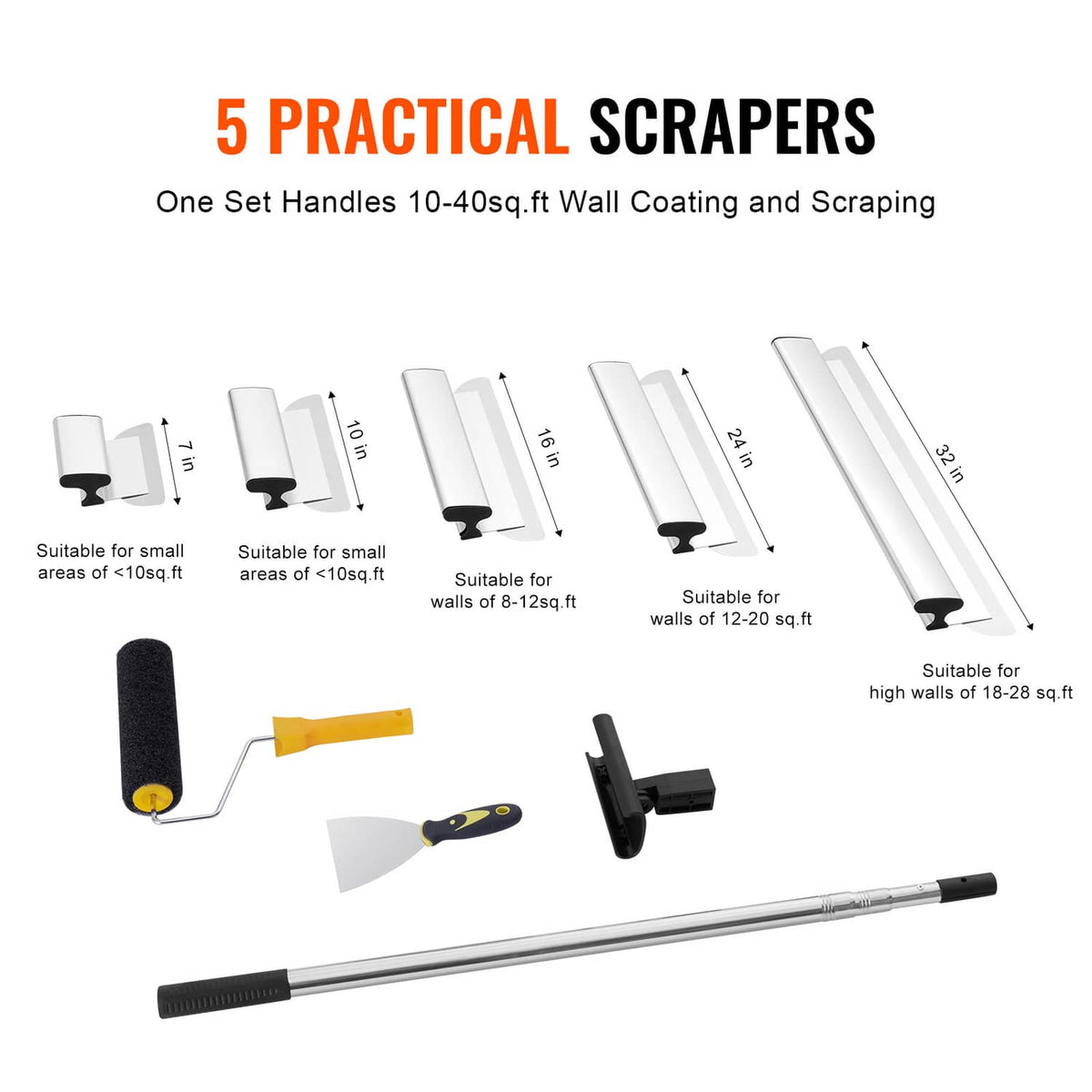 Drywall scraper set with multiple white blades, long handle, roller grip, and brackets
