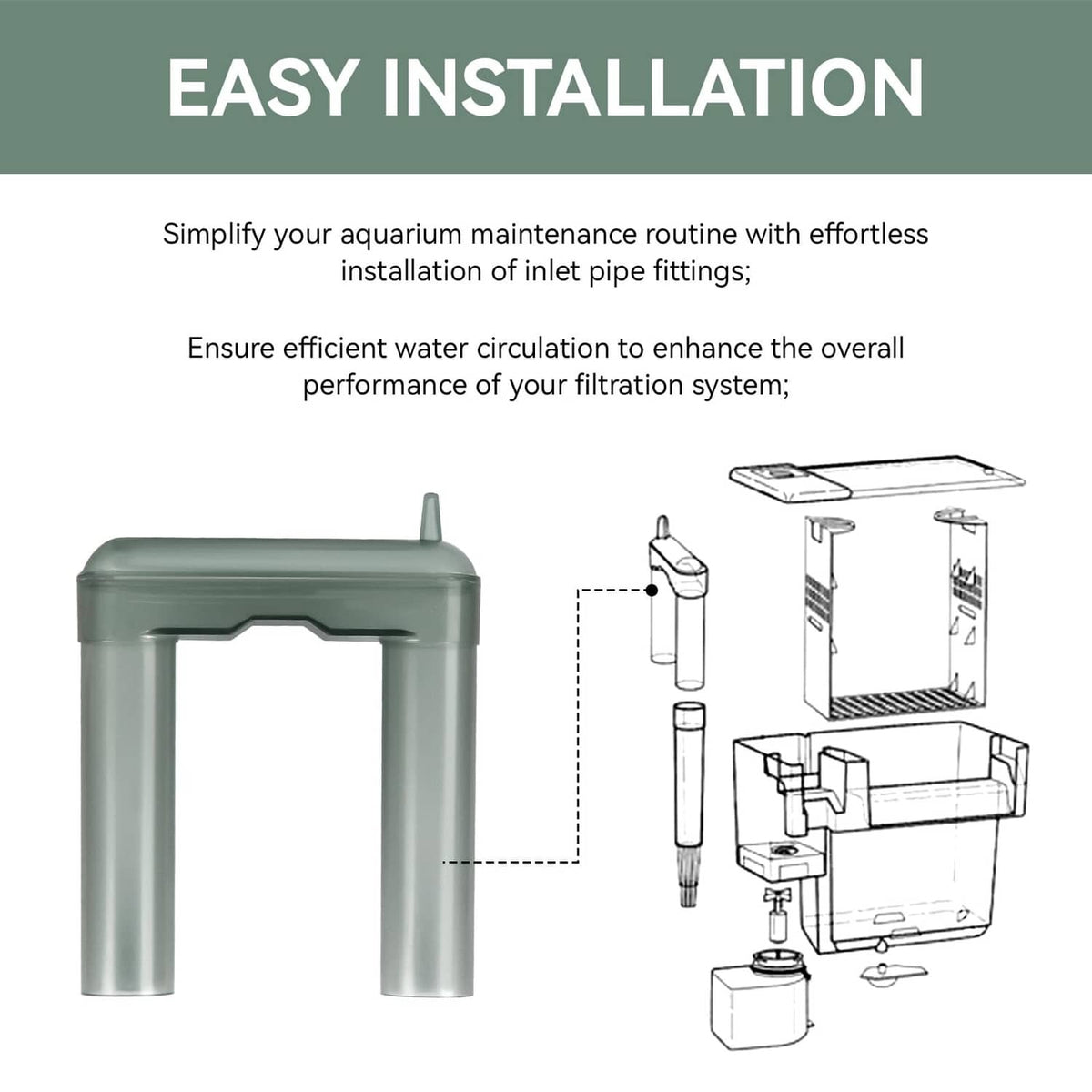 Aquarium intake stem with inlet pipe fitting diagram, translucent U-shaped twin-tube part