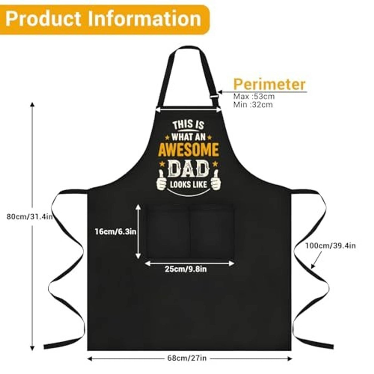 Black grilling apron with front pocket and sizing diagram measurements