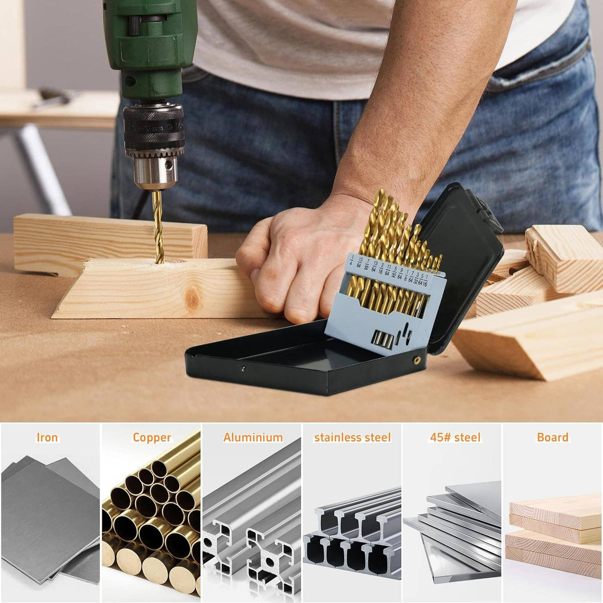 Left-hand drill bits in use: gold bit drilling into wood while person holds the case