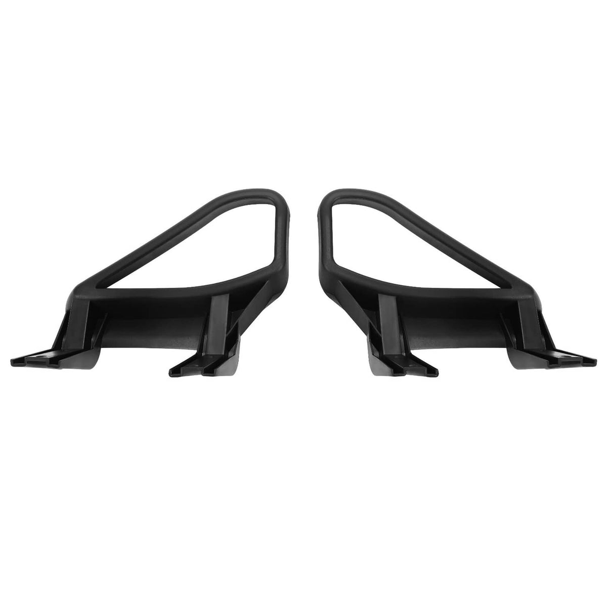 Two black plastic armrest/handle brackets with front posts and base mounts