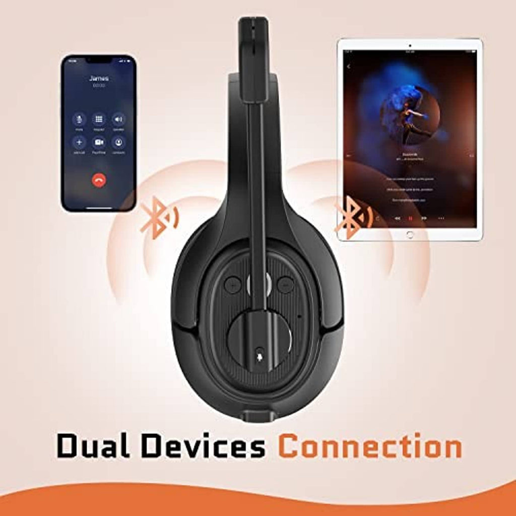 Black dual-device Bluetooth headset with boom mic, foldable earcups