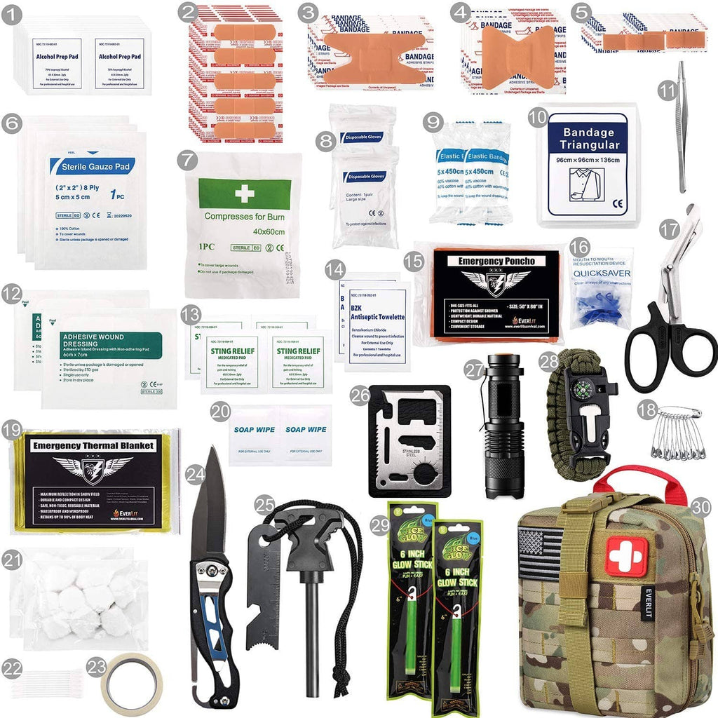 First aid kit items display with first aid pouch and emergency supplies shown