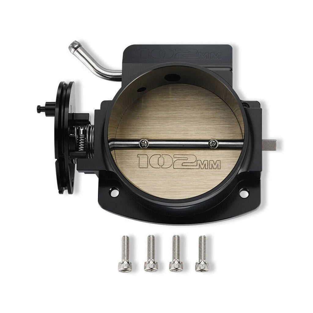 102mm throttle body with gold interior plate and black outer housing, side view