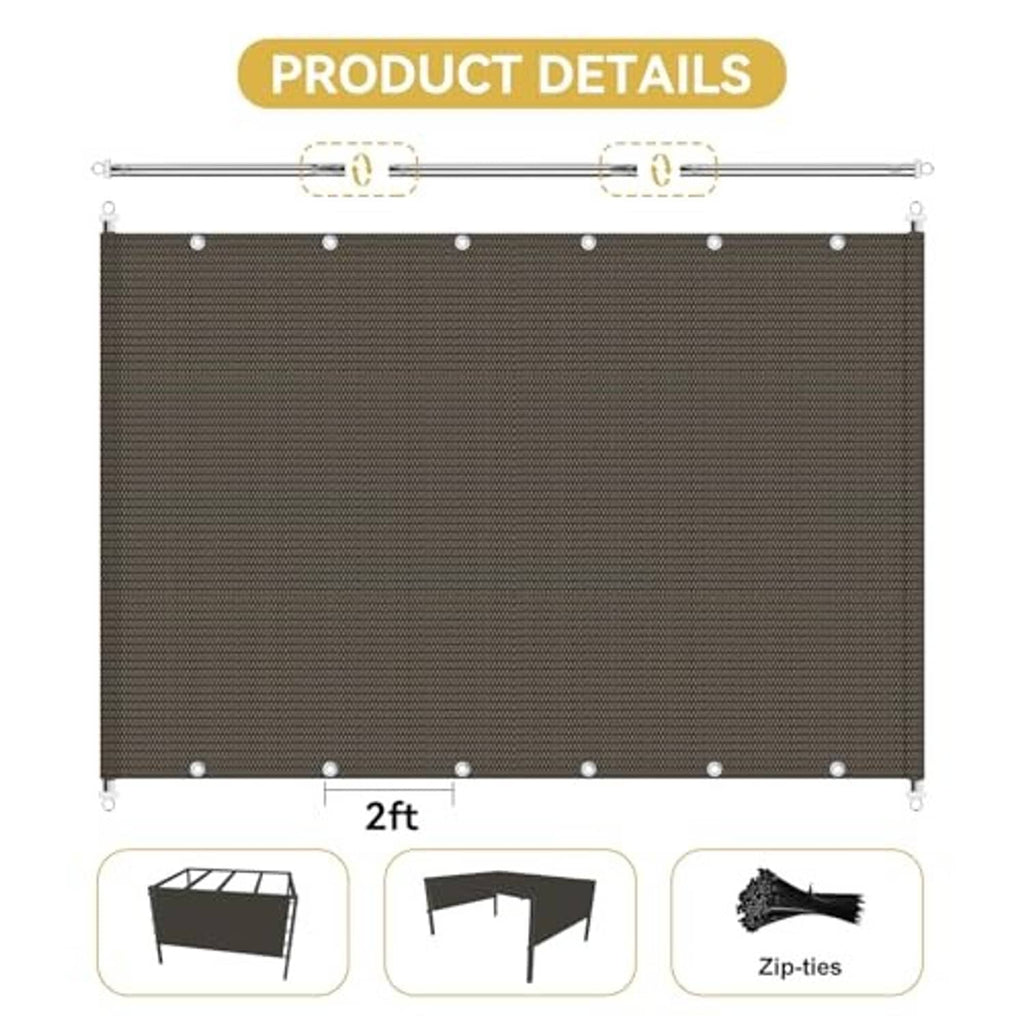 Brown pergola shade cloth panel with metal grommet holes and hanging rod rails