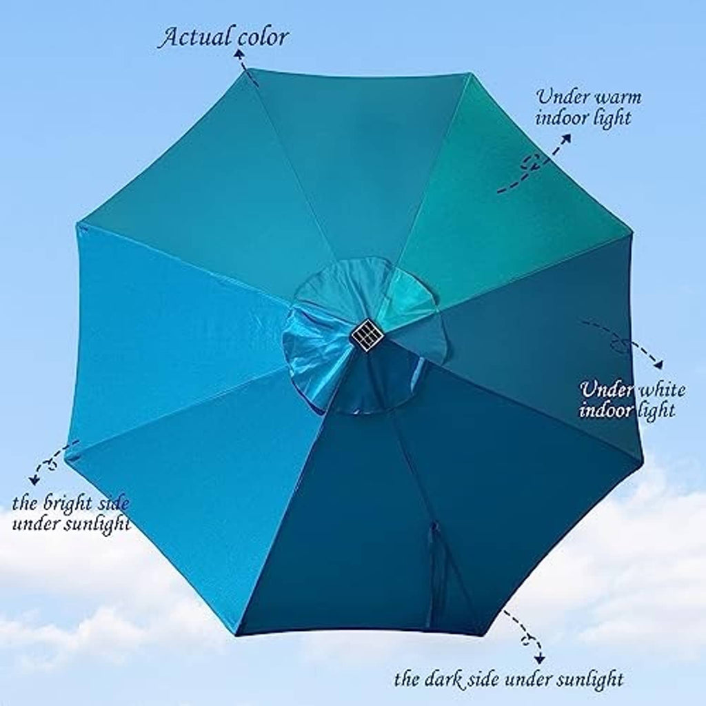 Cerulean market umbrella canopy with LED lights on multiple panels