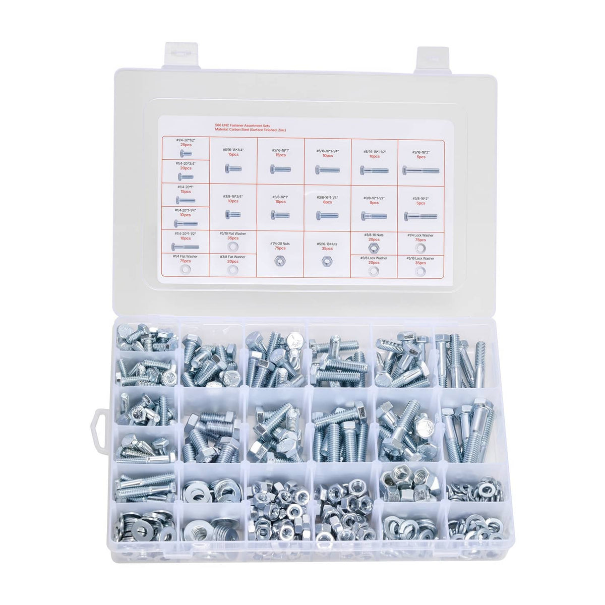 Clear storage box containing mixed imperial bolts, nuts, and washers assortment