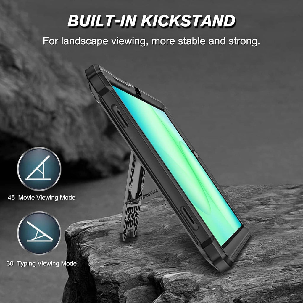 Rugged tablet case with built-in kickstand, dark gray/black frame and protective border