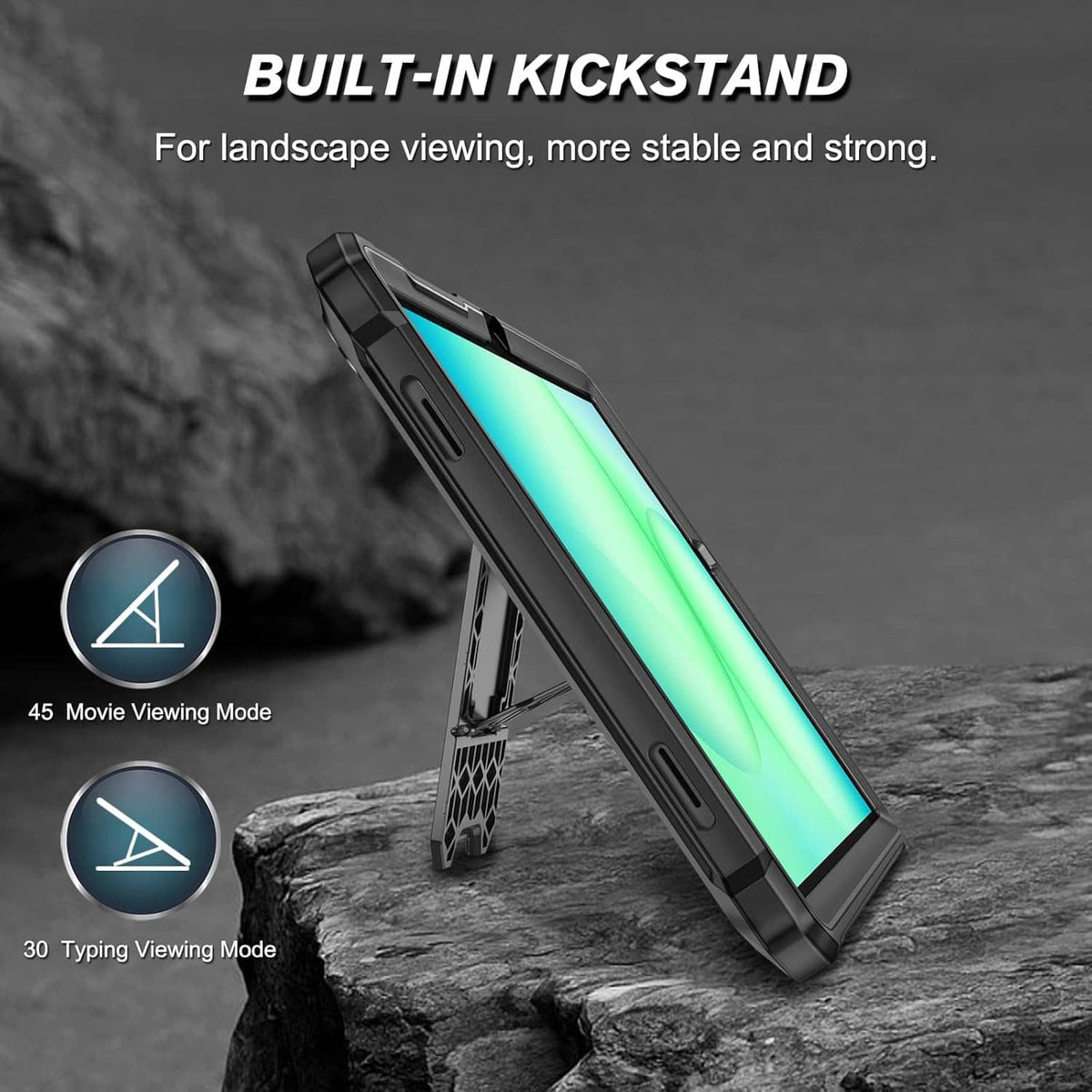 Rugged tablet case with built-in kickstand, dark gray/black frame and protective border