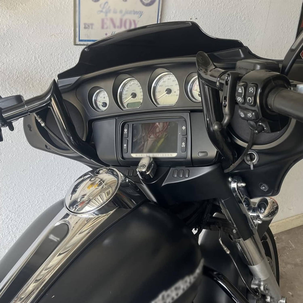 Black pre-wired meathook motorcycle handlebar installed with mounted controls