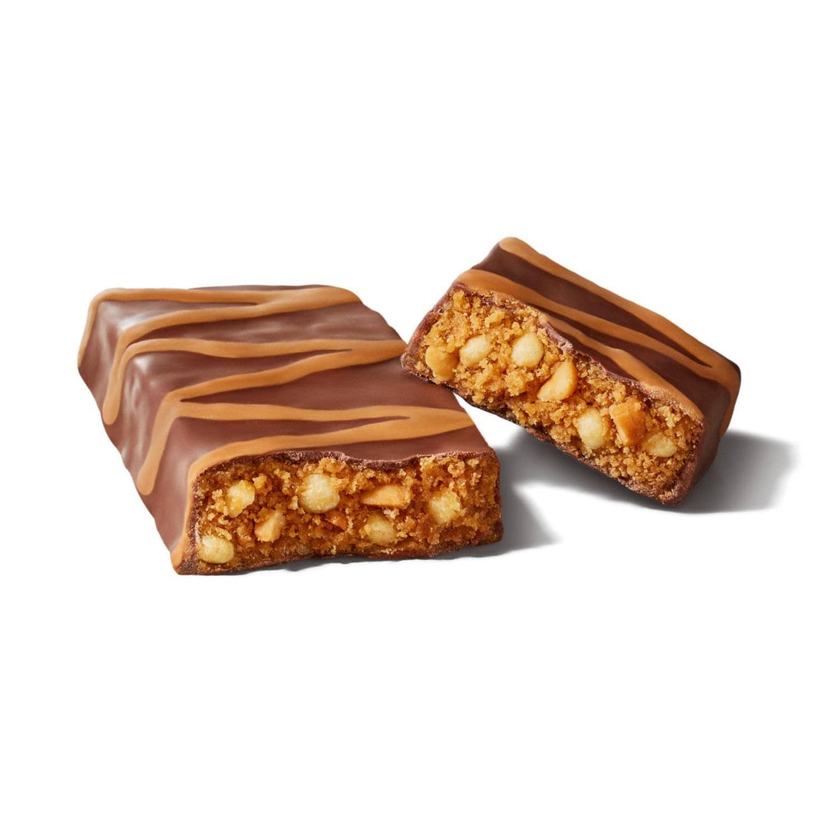 Chocolate peanut butter cup protein bar pieces with nut-studded filling.