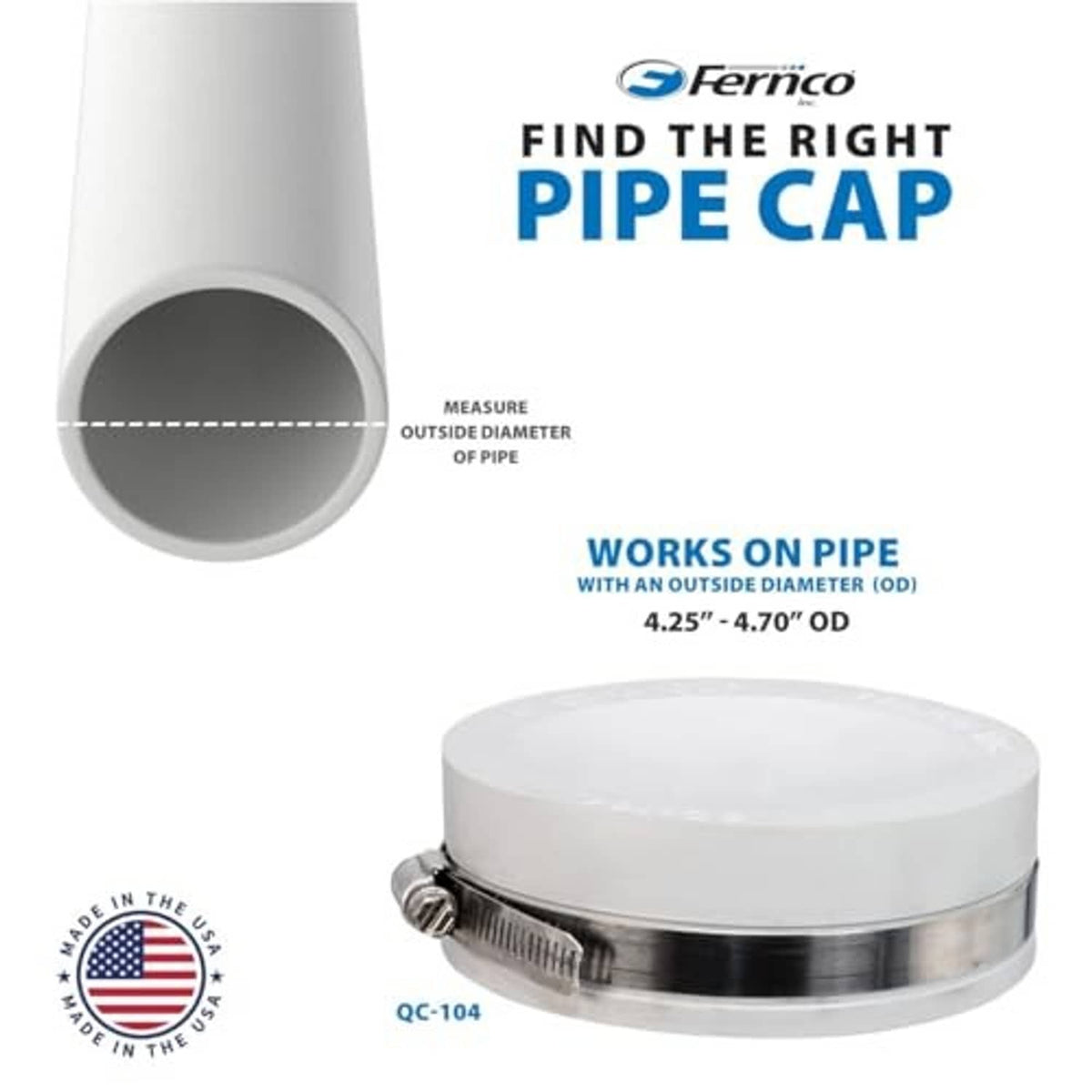 White PVC pipe cap with clear top, side opening view, and metal clamp band