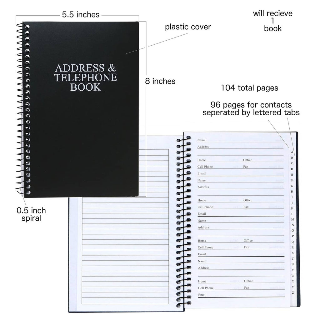 Black address & telephone book diagram showing 104 pages and plastic cover