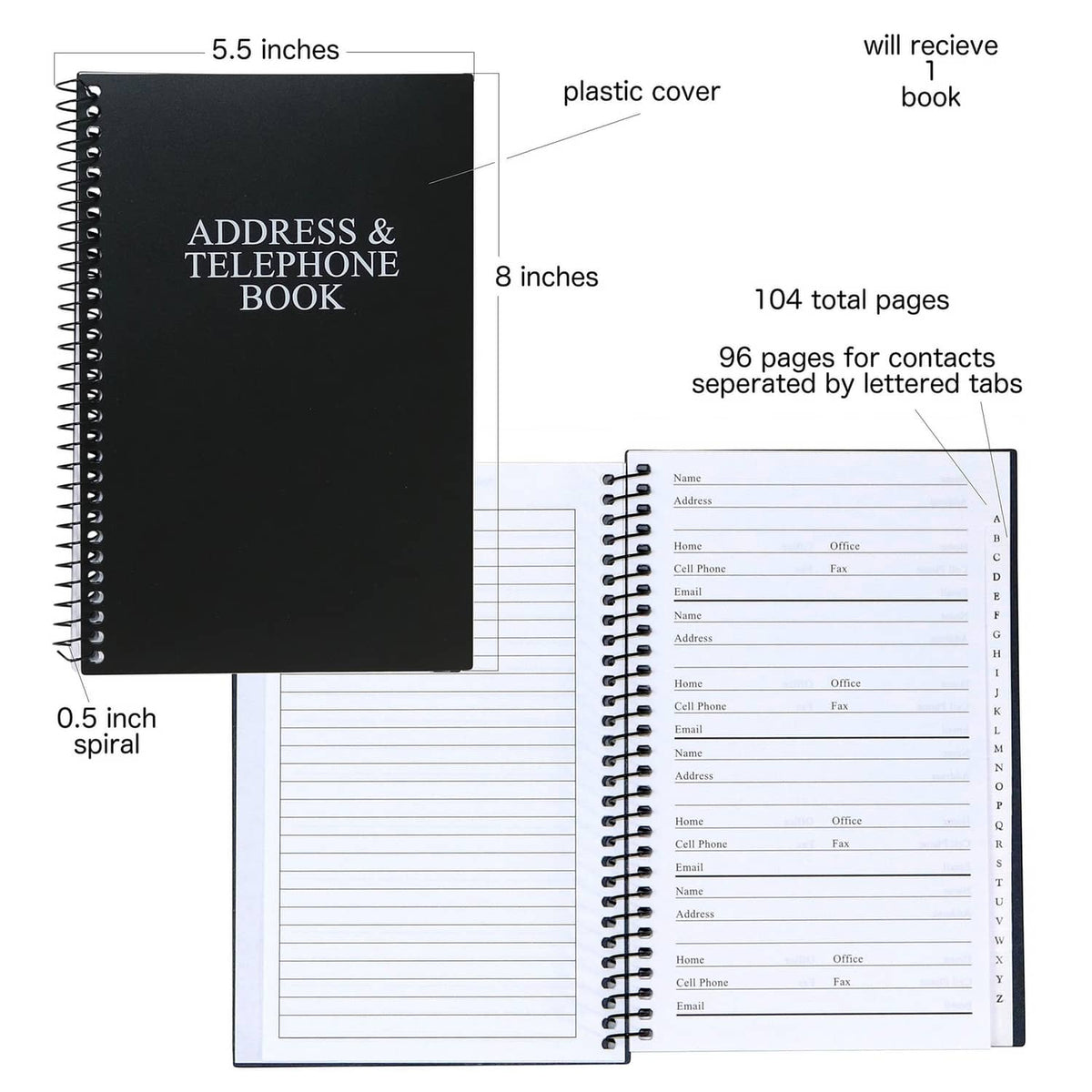 Black address & telephone book diagram showing 104 pages and plastic cover