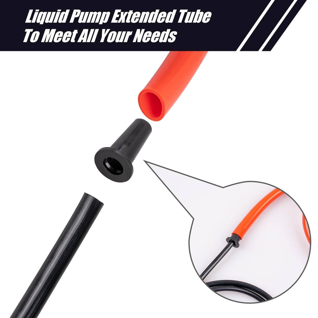 Extended liquid pump tube with red nozzle and black base fittings for siphoning