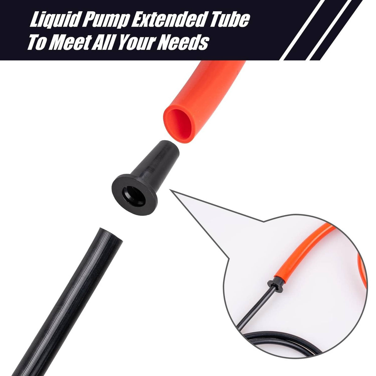 Extended liquid pump tube with red nozzle and black base fittings for siphoning