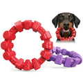 Red and purple bumpy dog chewing ring toy held by a dachshund