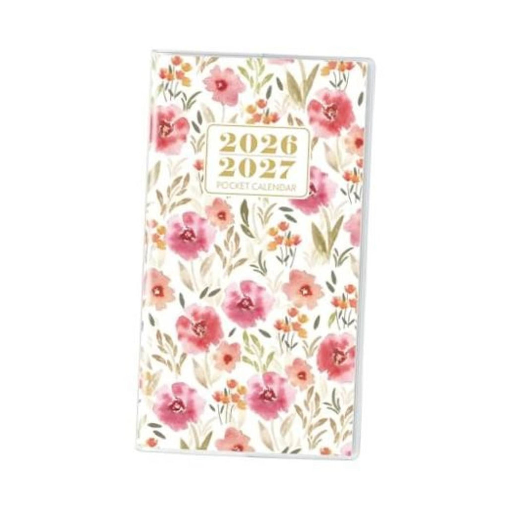 Pink floral pocket calendar with clear cover and '2026–2027 Pocket Calendar' label