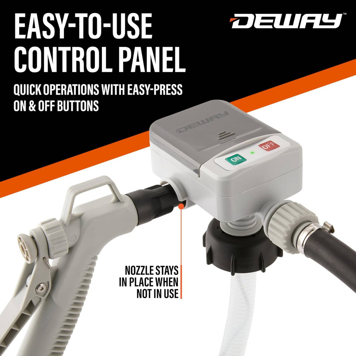 Fuel transfer pump with easy on/off control box, gray nozzle handle, and black rubber hose