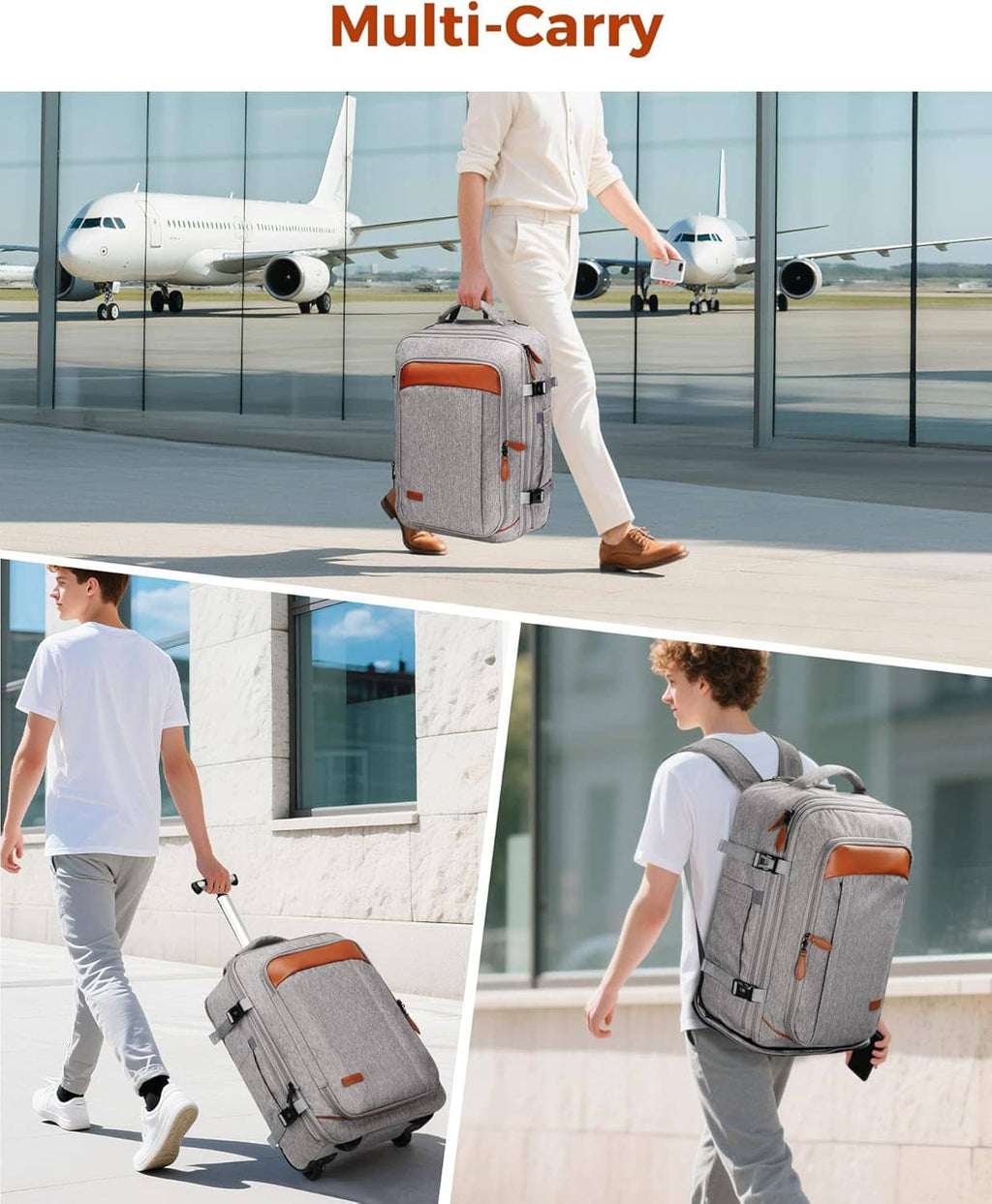 Gray expandable wheeled backpack carried through an airport, with orange front accent pocket