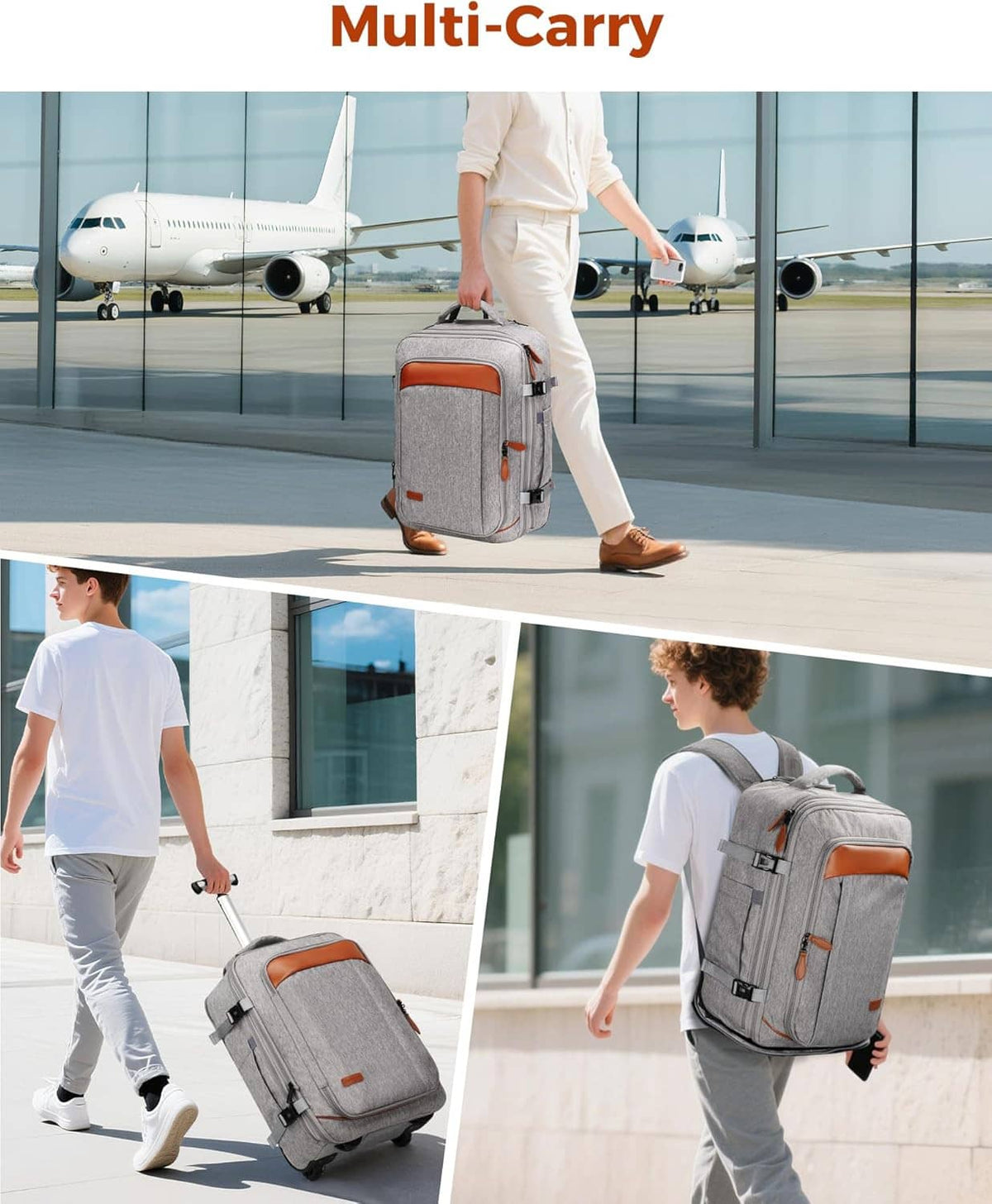 Gray expandable wheeled backpack carried through an airport, with orange front accent pocket
