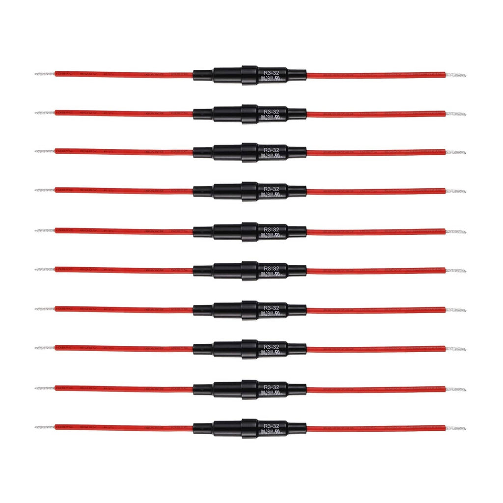 Inline screw fuse holders with red wires, multiple 5x20mm fuse leads