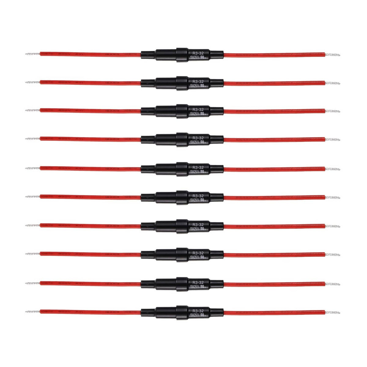 Inline screw fuse holders with red wires, multiple 5x20mm fuse leads
