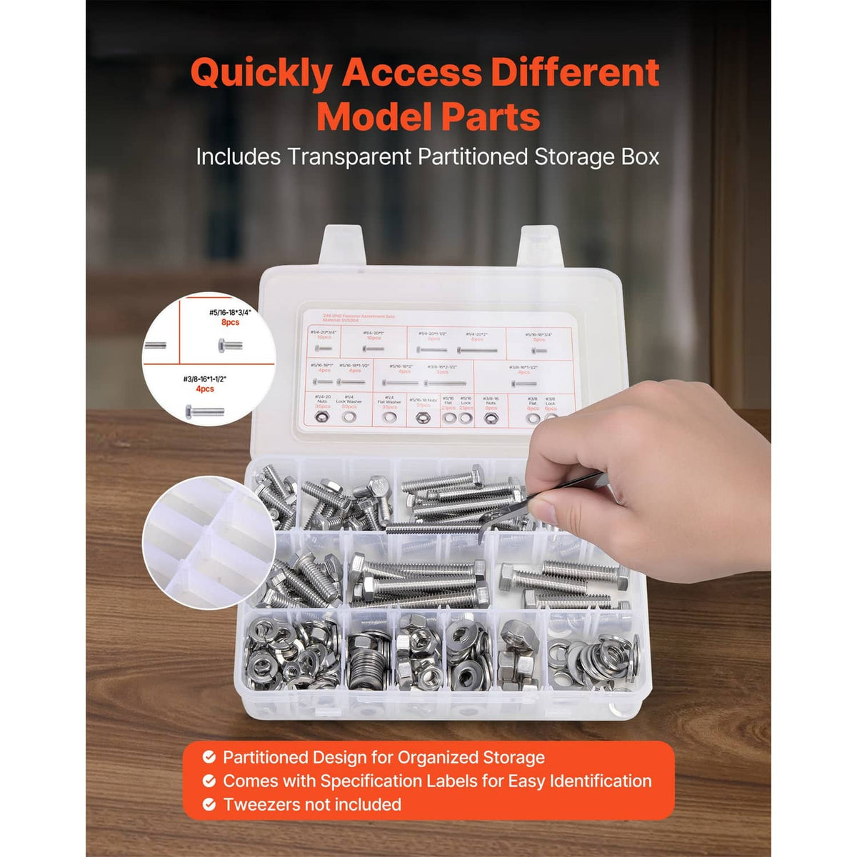 Stainless steel bolt and nut assortment in transparent storage box with hand
