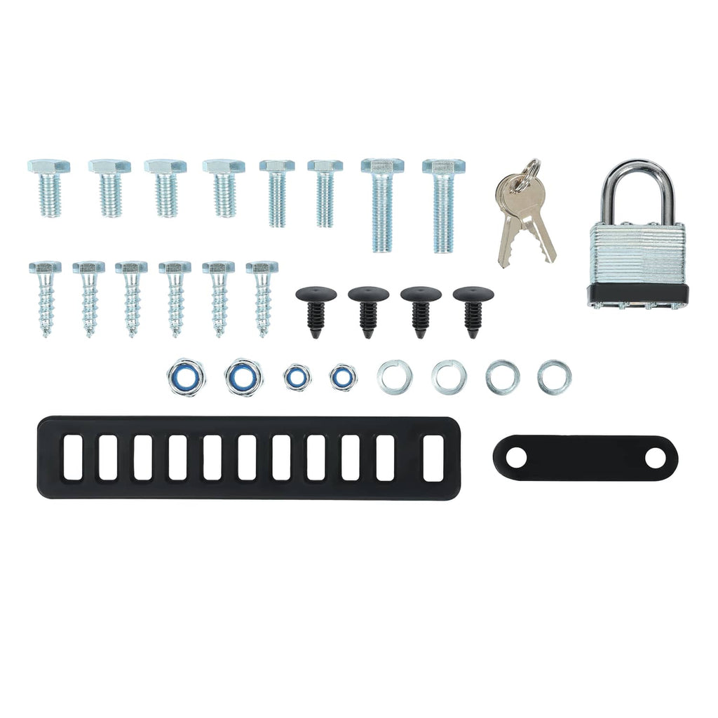 Trailer rack hardware kit with screws, washers, mounting bars, and padlock