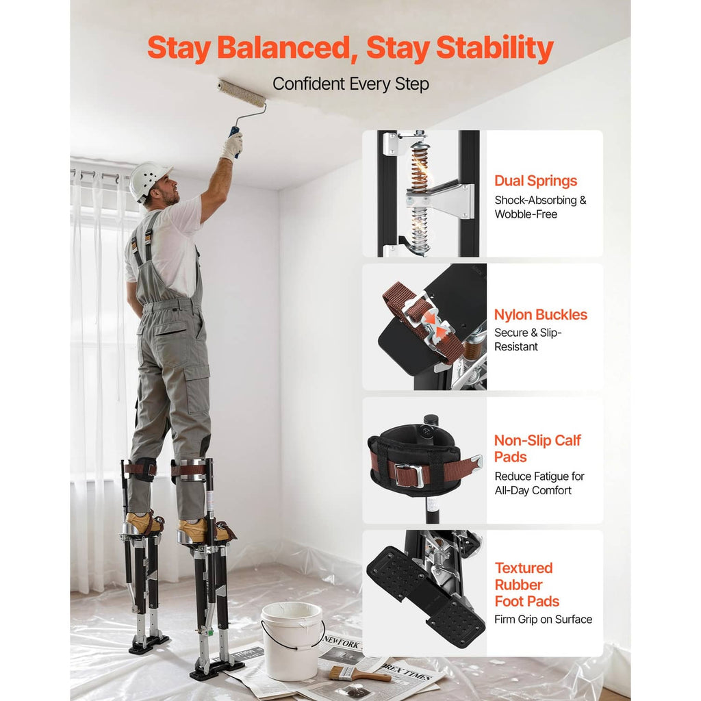 Adjustable drywall stilts shown in use with calf pads and non-slip rubber foot pads