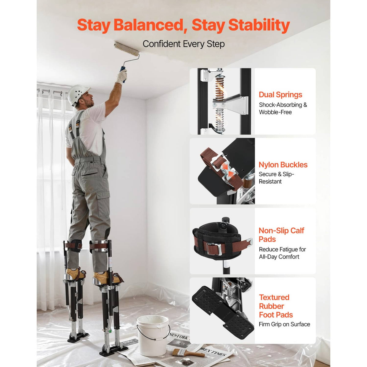 Adjustable drywall stilts shown in use with calf pads and non-slip rubber foot pads