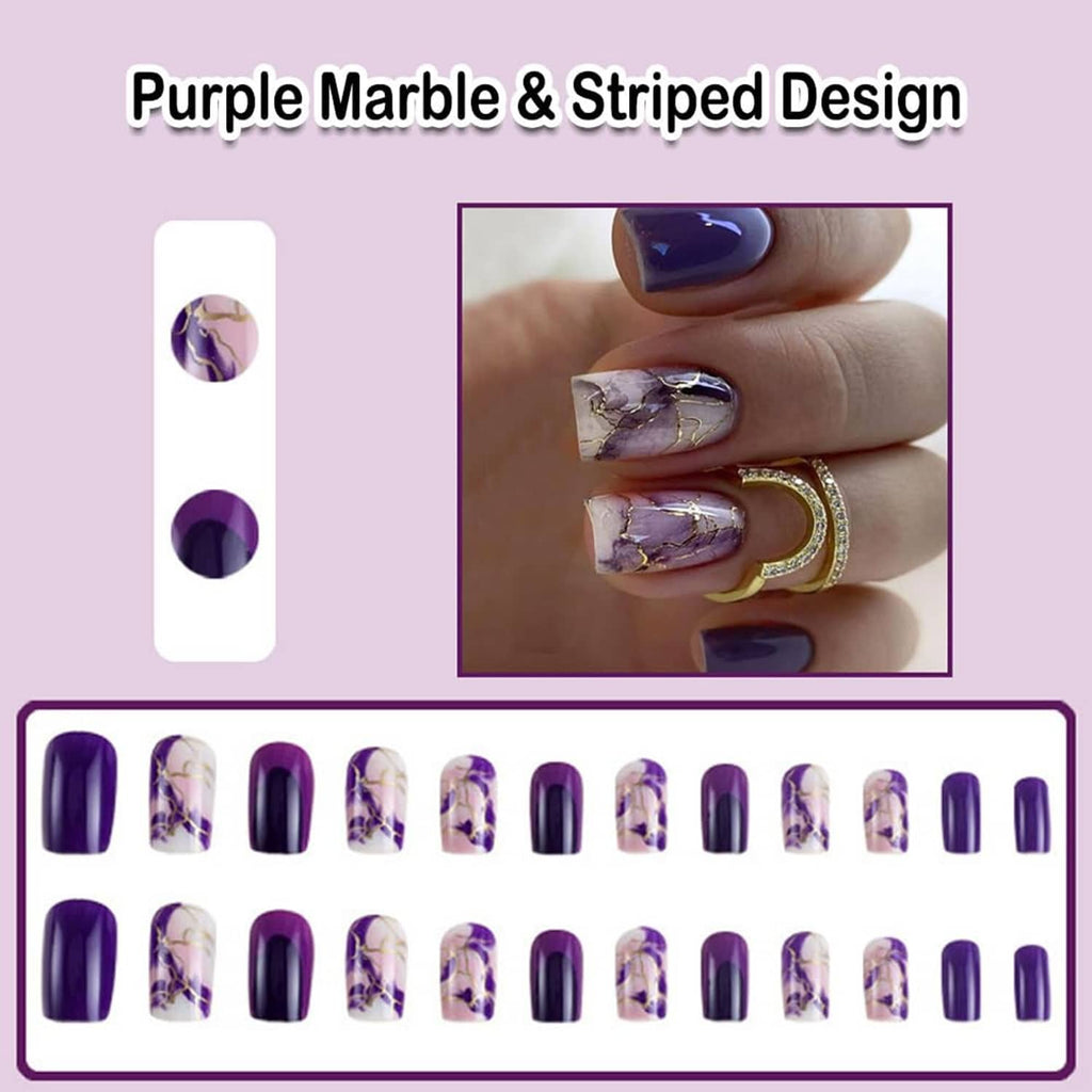 Purple marble press-on nails with gold stripe accents, square short-medium set